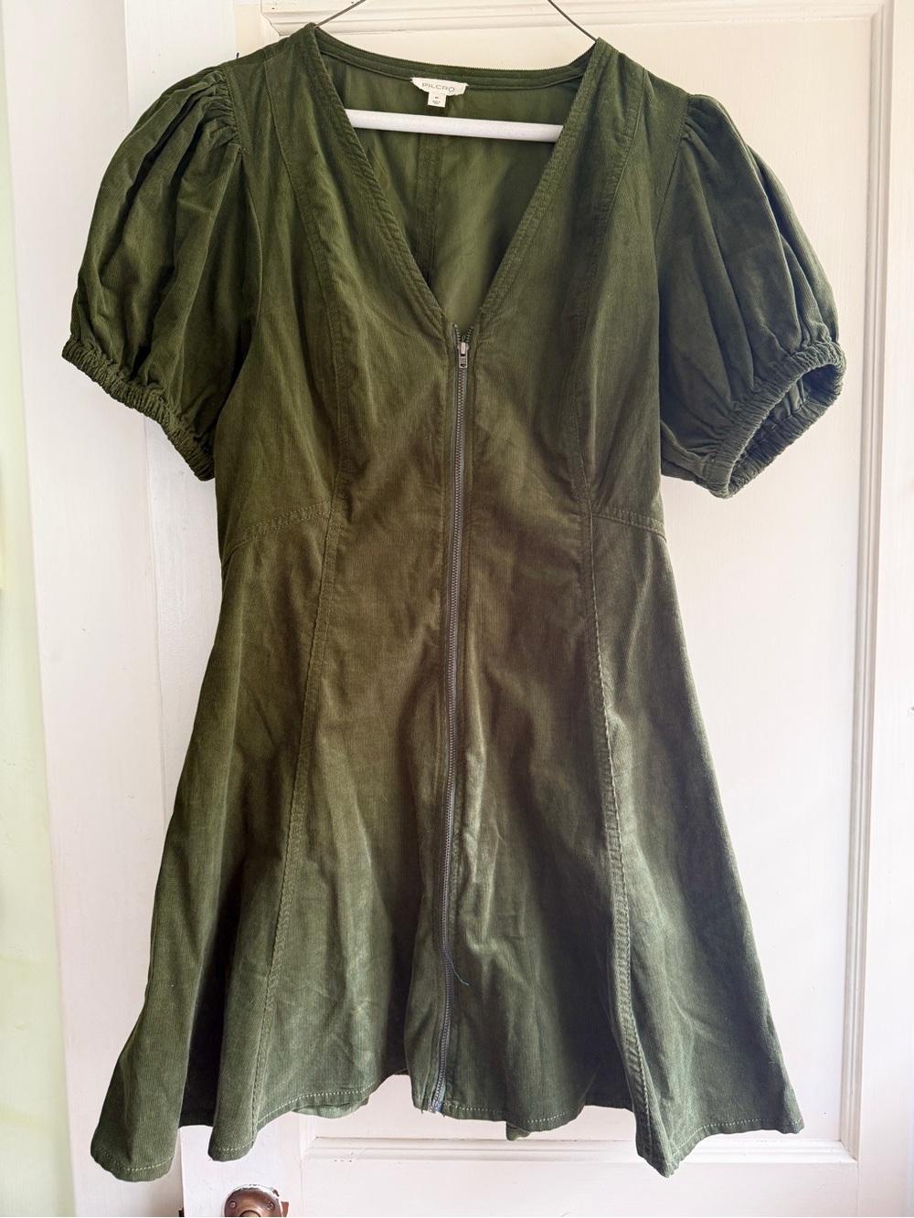 Anthropologie Forest Green Puff-Sleeve Mini Dress - Picture 2 of 3